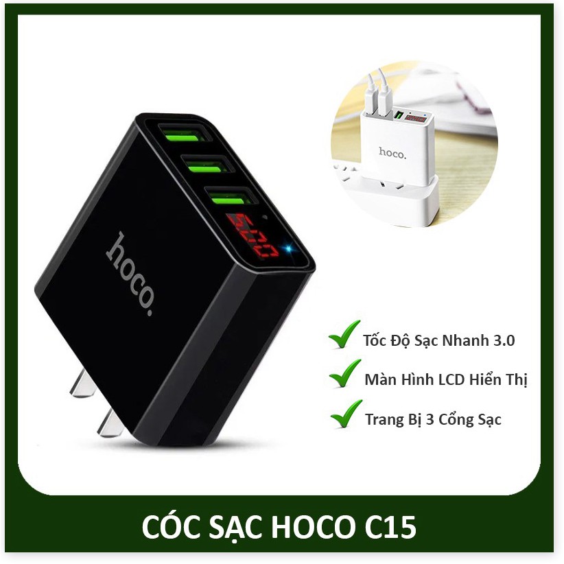 Cốc sạc củ sạc nhanh 3 cổng Hoco C15 3A - màn hình LCD hiển thị điện áp an toàn tiện dụng bảo hành uy tín lỗi 1 đổi 1