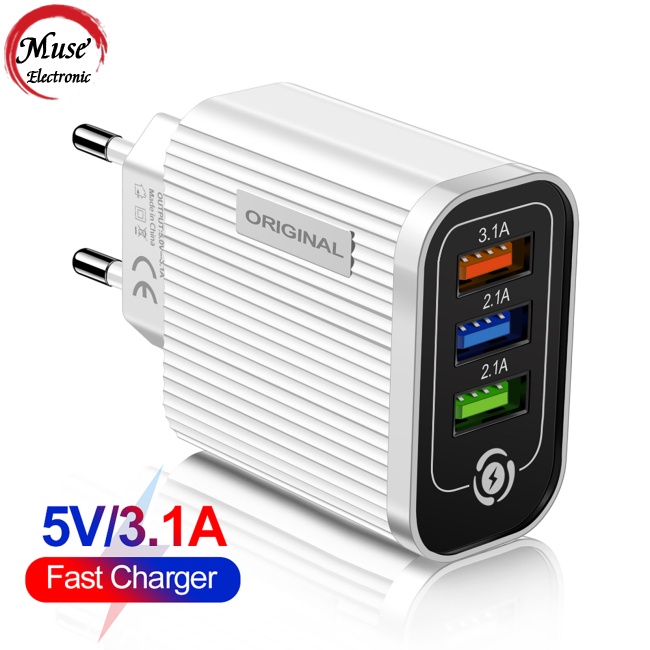 Củ Sạc Nhanh 3 Cổng Usb Có Đèn Led 5V / 3A Phích Cắm US / EU Cho Điện Thoại