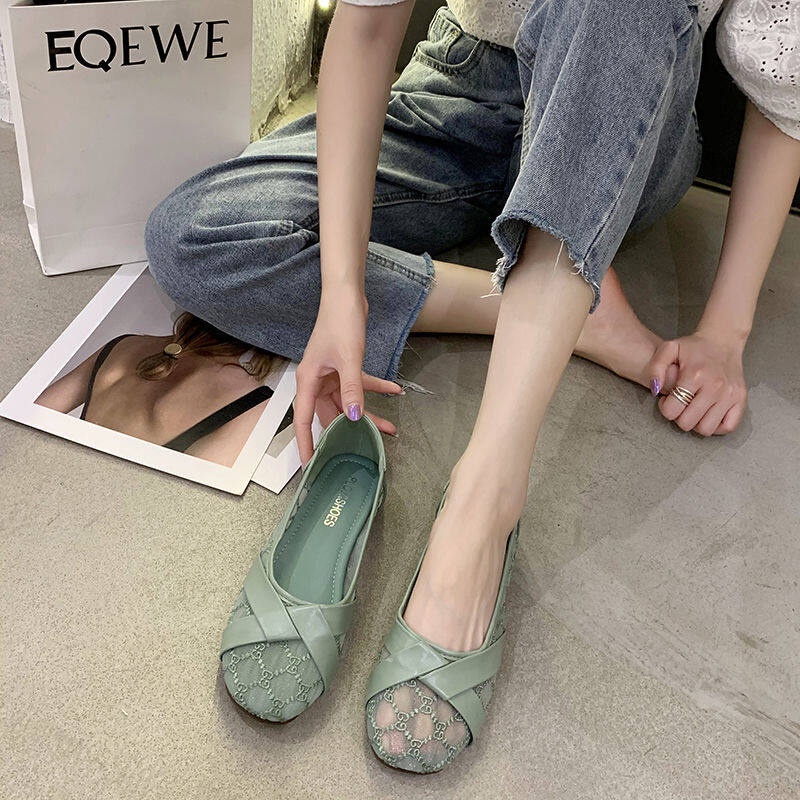 Giày Búp Bê Mũi Tròn Đế Mềm Phối Lưới Thoáng Khí Thời Trang Cho Nữ