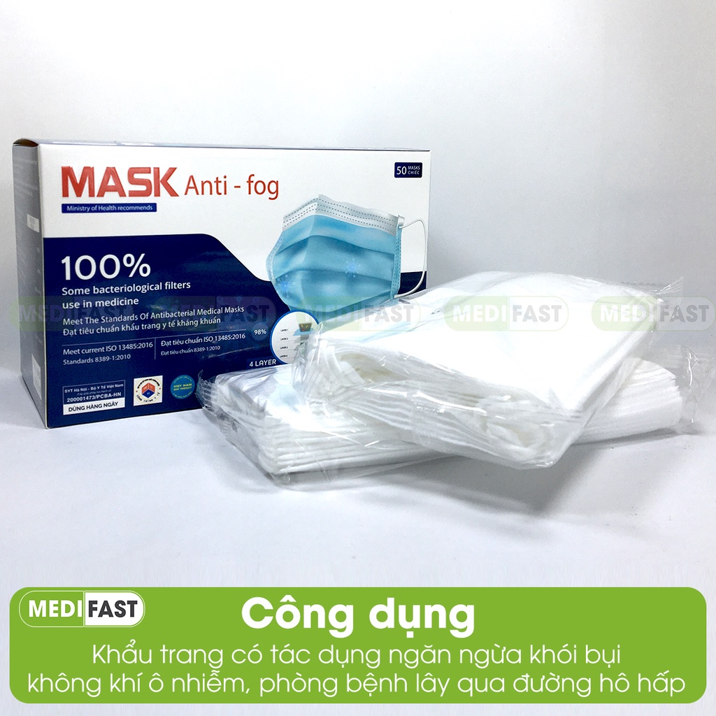 Khẩu trang y tế 4 lớp màu xanh kháng khuẩn hộp 50 cái lọc bụi, dùng một lần