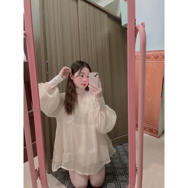 Áo sơ mi voan tơ óng cổ choker buộc nơ sau tay dài bồng hai lớp dáng xoè rộng bánh bèo tiểu thư sang chảnh