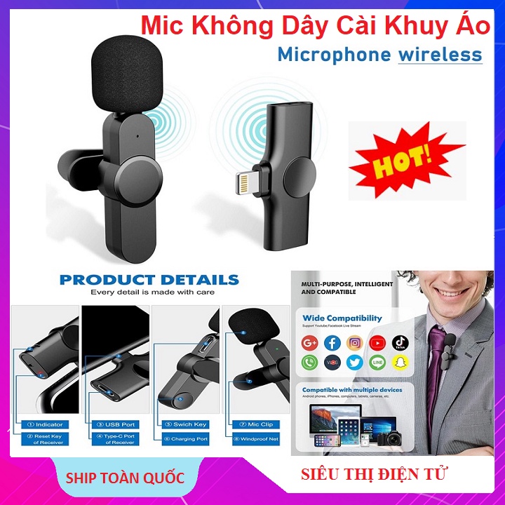 Mic Thu Âm Cài Áo Không Dây, Thu Xa 20M, Dùng Cho Điện Thoại Android/IOS - Livestream - Quay Vlog - Bán Hàng Online