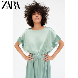Đầm ZARA satin lụa xanh mát dịu