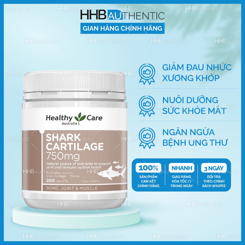Viên sụn cá mập Healthy Care Shark Cartilage 750mg 200 viên - Hỗ trợ điều trị các vấn đề về cơ xương khớp - Xuất xứ Úc