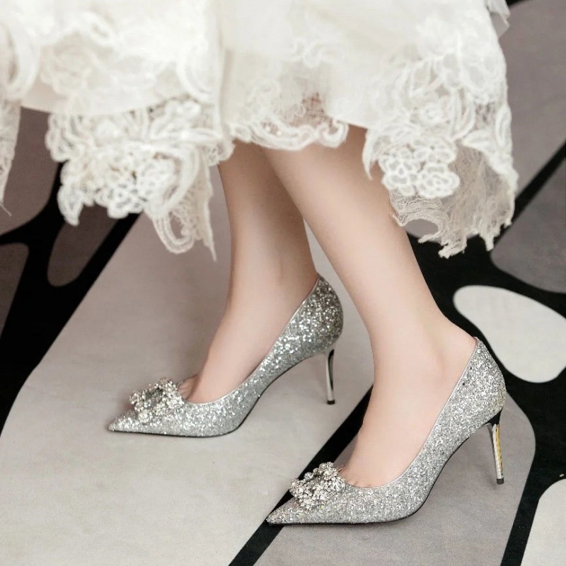 Giày Cao Gót Ánh Bạc Đính Kim Sa Lấp Lánh Thời Trang Mới 2021 Cho Phù Dâu