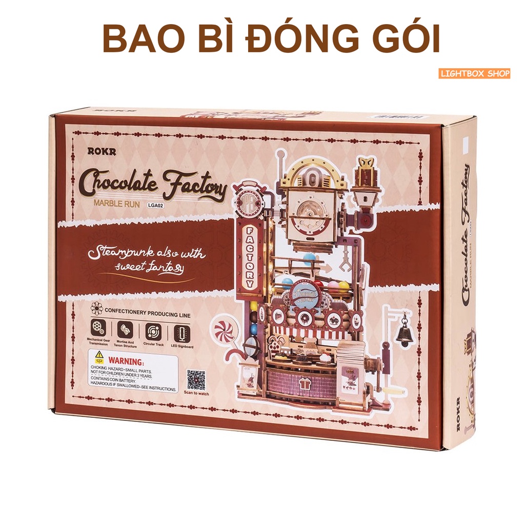 Đồ chơi lắp ráp gỗ 3D Robotime Chocolate Factory. Có Đèn và Vòng Bi Quay Sử dụng bánh răng | LGA02