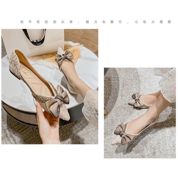 Giày búp bê mũi nhọn đế mềm đính nơ thời trang mùa hè dành cho nữ 2022