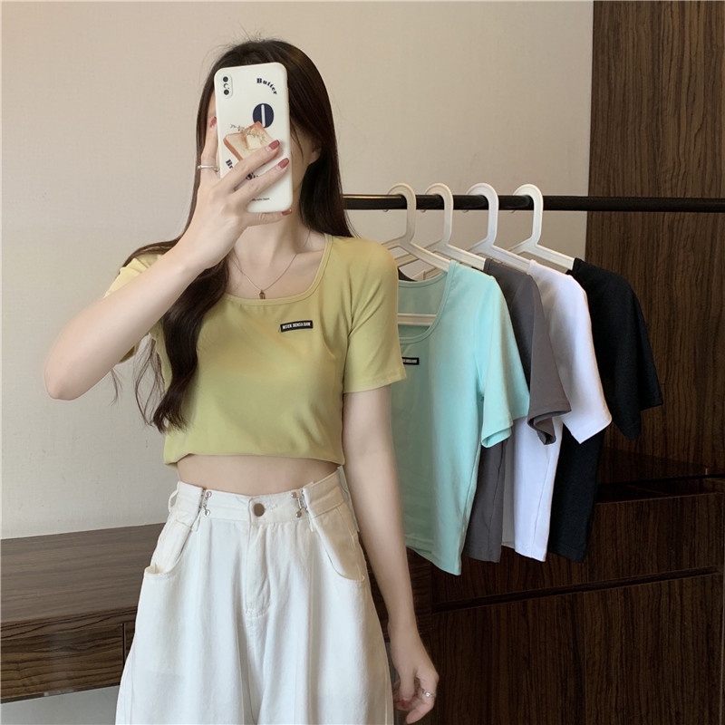 SUXI Áo Thun Tay Ngắn Cổ Vuông Màu Sắc Đơn Giản Cho Nữ