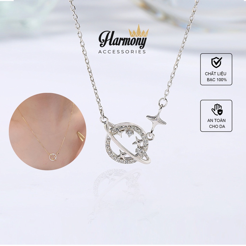Dây chuyền bạc nữ mặt địa cầu trăng sao tròn đính đá 2 màu Galaxy xinh xắn | HARMONY ACCESSORIES VC61