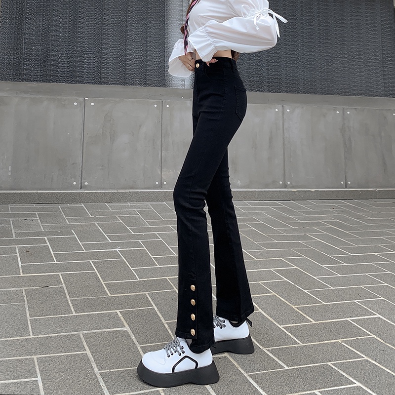 【ZHELIHANGFEI】Quần Jean Dài Lưng Cao Ống Loe Xẻ Tà Cá Tính Trẻ Trung