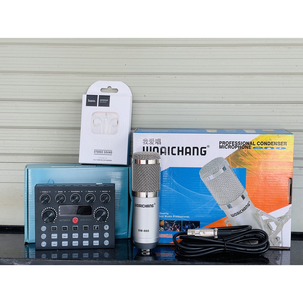 Combo thu âm karaoke livestream tiện lợi giá rẻ lắp đặt dễ dàng nhanh sound card k10 2022 micro BM 900 tặng tai nghe M1
