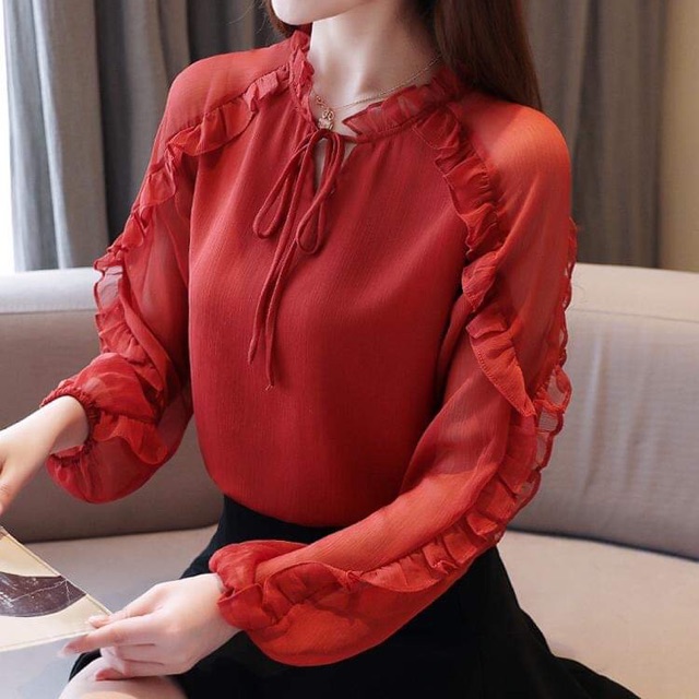 Áo sơ mi voan nữ cao cấp kiểu dáng phối bèo nữ tính NP1131