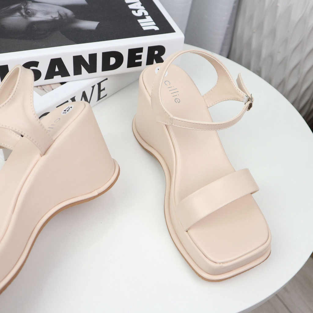 Dép Sandal Đế Xuồng Nữ Cillie Giày Bánh Mì Đế Cao 7p Quai Ngang Da Mềm 1156