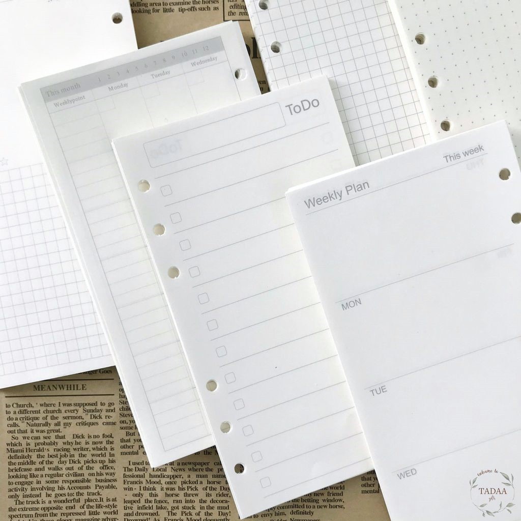 Giấy refill ruột sổ còng, planner các mẫu kế hoạch tuần, tháng, ghi chú và to do list khổ A6/A5 bullet journal