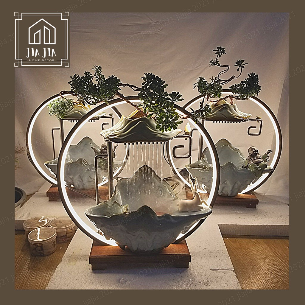 Tiểu cảnh thác nước cao cấp, đài thưởng trầm tài lộc phong thủy - Đài phun nước có đèn LED trang trí