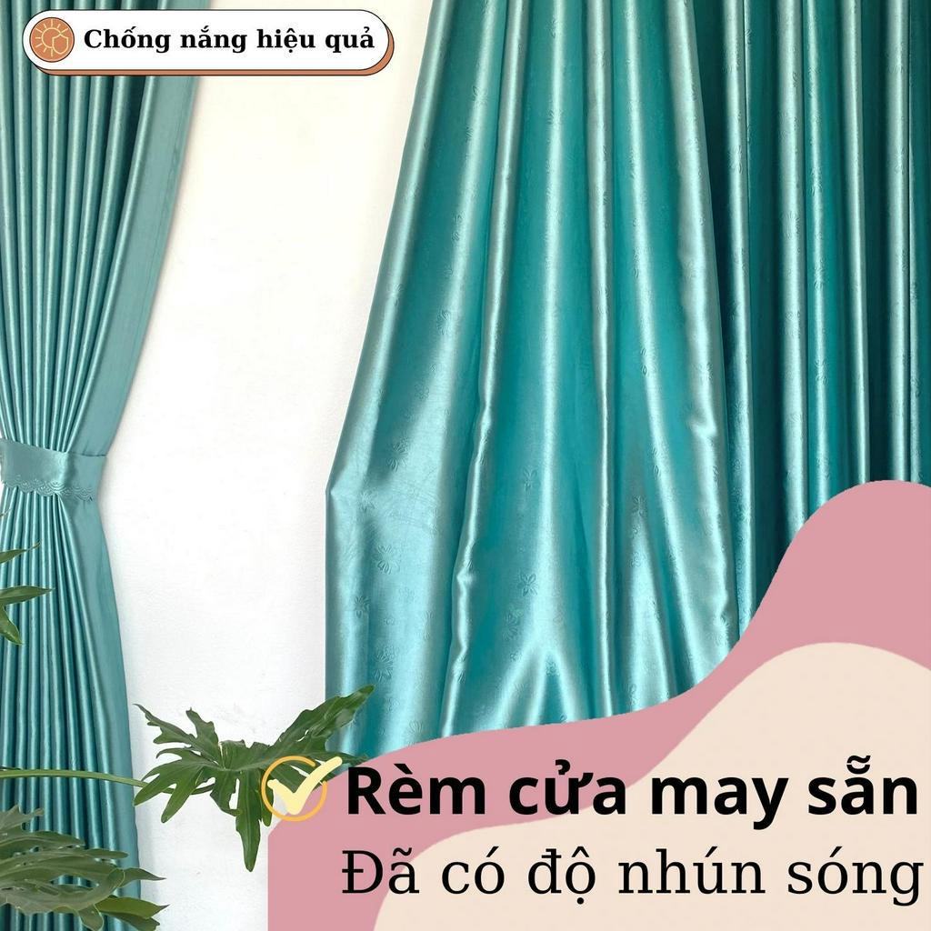 Rèm cửa chống nắng màu xanh ngọc họa tiết bông nhỏ may hoàn thiện có độ nhún kích thước tùy chọn màn rèm Sola