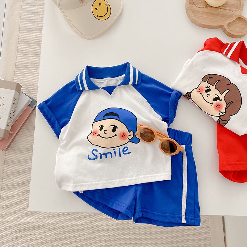 Bộ Áo Thun Ngắn Tay In Hoạt Hình + Quần Short Thời Trang Mùa Hè Hàn Quốc Cho Bé