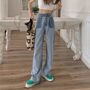 Quần Denim Ống Rộng Lưng Cao Thời Trang Mùa Hè Phong Cách Hàn Quốc Cho Nữ