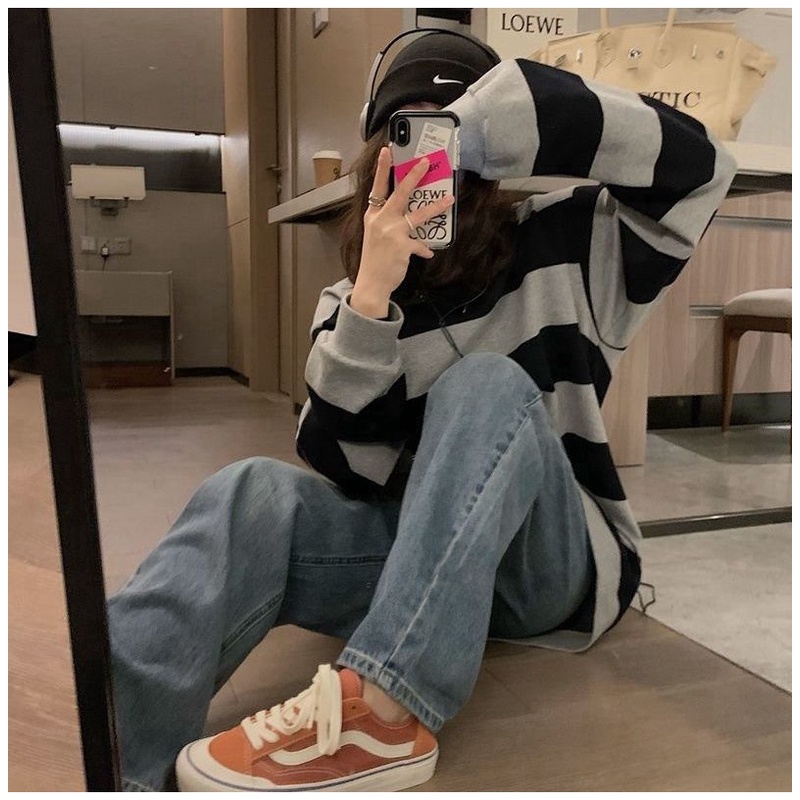 Áo Sweater Mỏng Chui Đầu Dáng Rộng Kẻ Sọc Thời Trang Mùa Thu Mới 2022