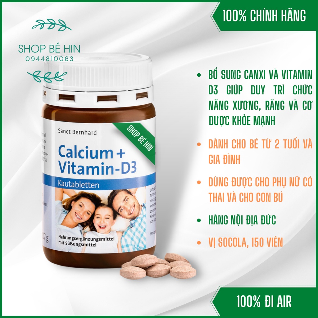 (Bill Đức) Viên ngậm canxi Calcium Vitamin D3 Sanct Bernhard vị Socola 150 viên, bổ sung canxi D3 cho bé và gia đình