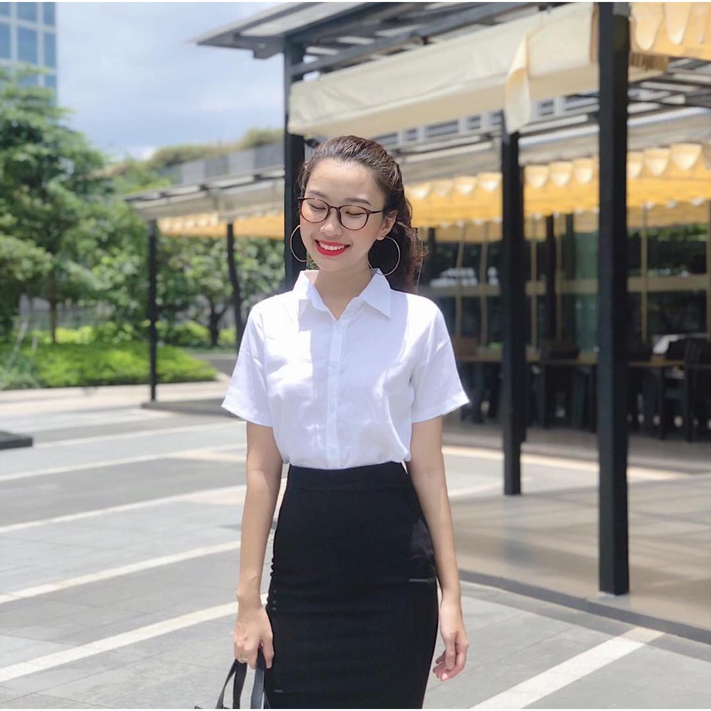 Áo sơmi nữ sơmi tay ngắn công sở trắng tay uni CHIBEST_AB192