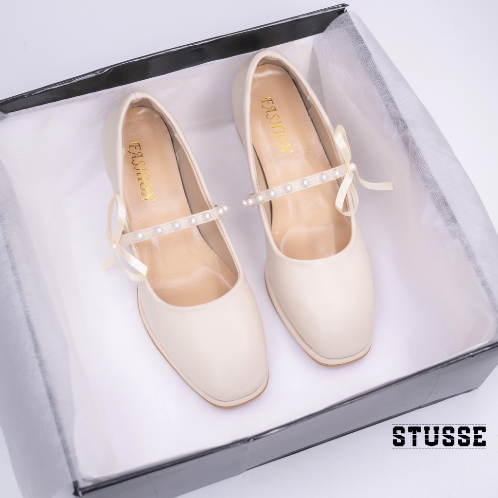 Giày Cao Gót Nữ Mary Jane Mũi Vuông Phối Nơ Ngọc Vintage - GD02