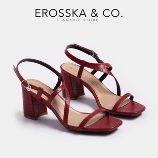 Giày sandal cao gót Erosska mũi vuông phối quai dây mảnh, hoạ tiết da rắn nổi bật cao 7cm màu đỏ đô  _ EM034