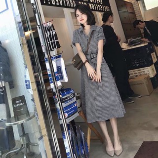 Đầm váy freesize sm kẻ đen kèm belt