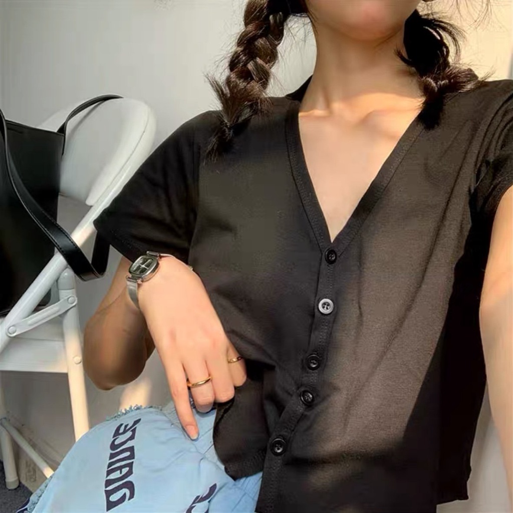 Áo croptop nữ cổ tim tay ngắn có nút cài form rộng phong cách ulzzang SIB013