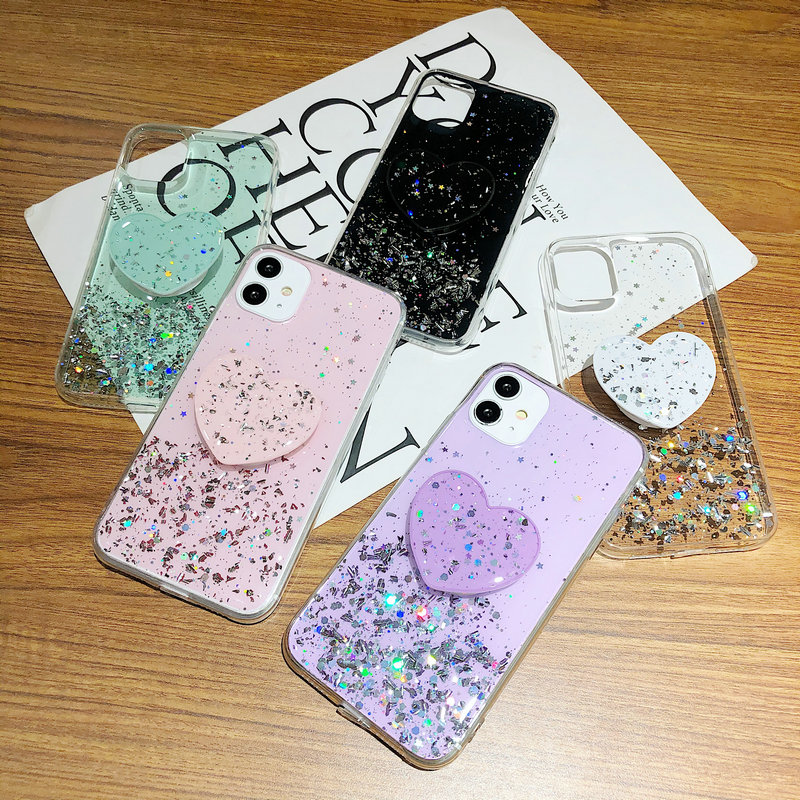 Heart stents Xiaomi 8 9 9T A1 A2 A3 Lite Note 10 Pro Transparent Glittering Star Sky with holder Soft phone case