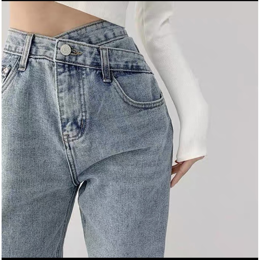 Quần Jeans Ống Rộng Xanh - Quần Ống Rộng Nữ Dáng Suông 1 Cúc Cạp Chéo Ulzzang Q51