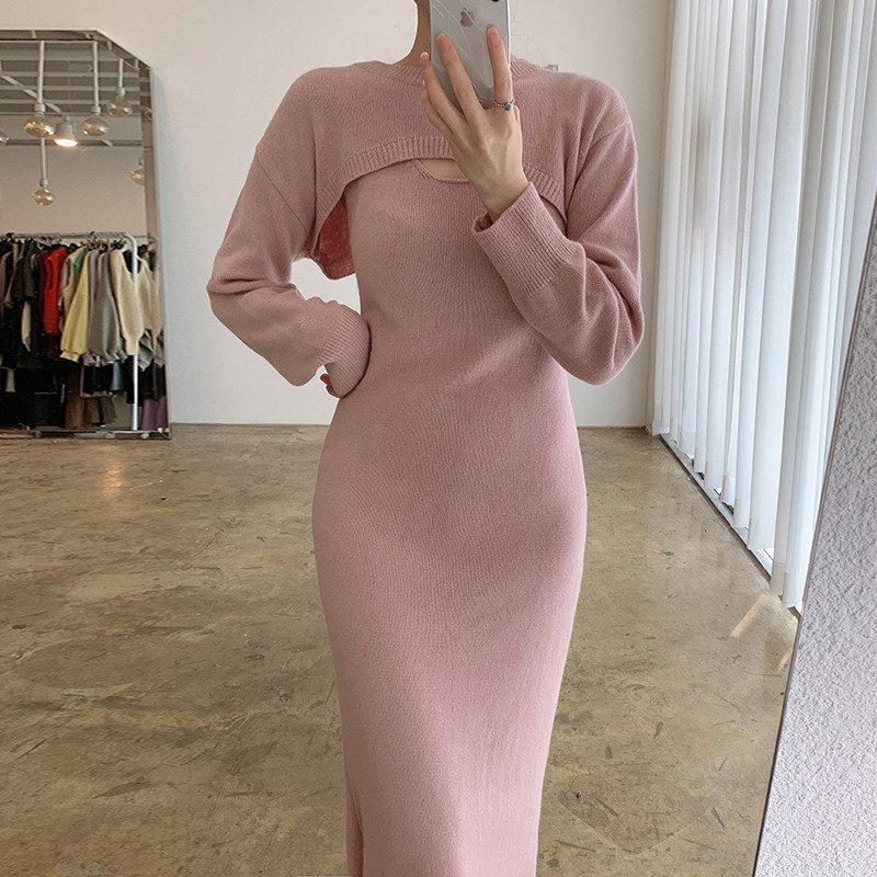 Set Áo Len Dài Tay + Đầm Hai Dây Xẻ Tà Thời Trang Nữ