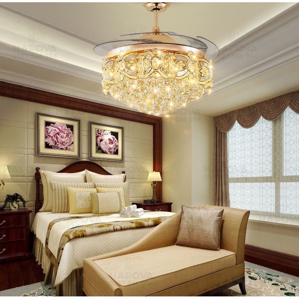 Quạt có đèn, quạt trần đèn dấu cánh pha lê HAPOVA SISOR 8048 Động cơ 6 số + Tặng kèm điều khiển từ xa