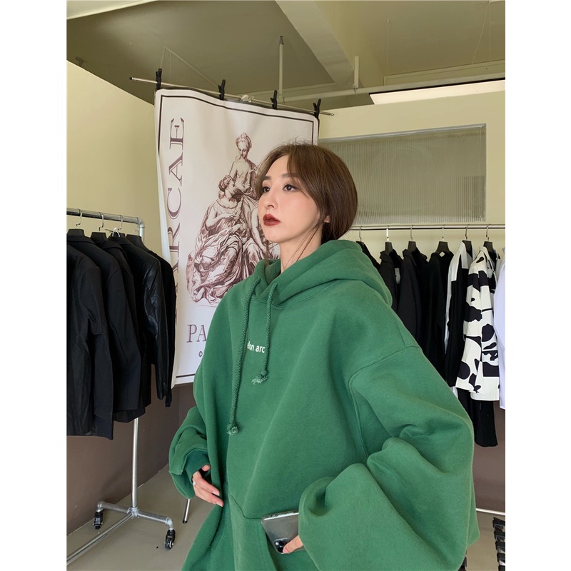 Áo hoodie bằng cotton dáng rộng dài có mũ trùm đầu thời trang