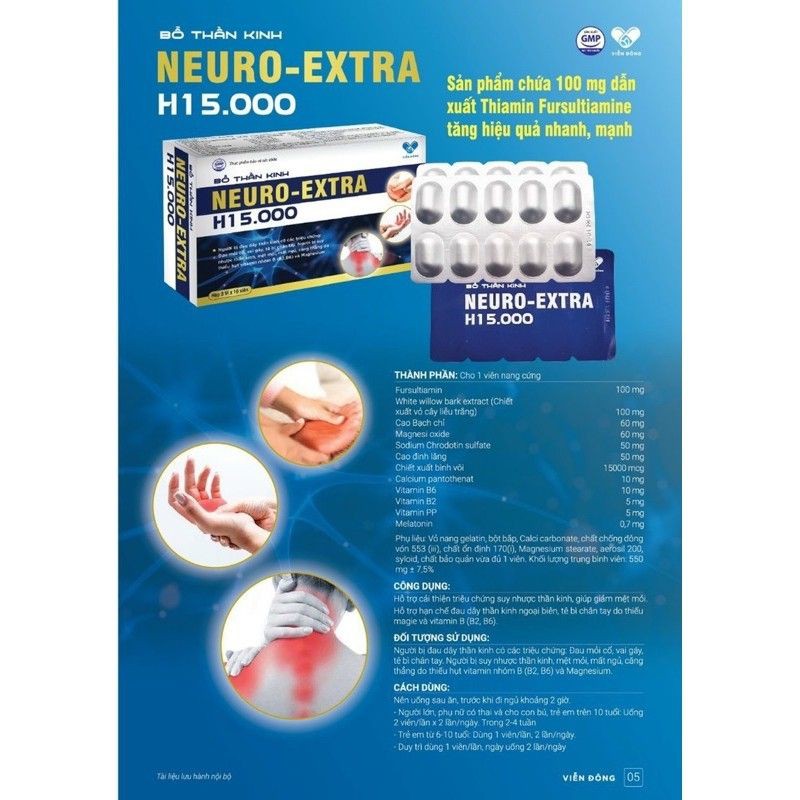 Viên uống bổ thần kinh Neuro Extra H15000 giảm đau thần kinh, đau cổ vai gáy, tê bì chân tay, hạn dùng 2026