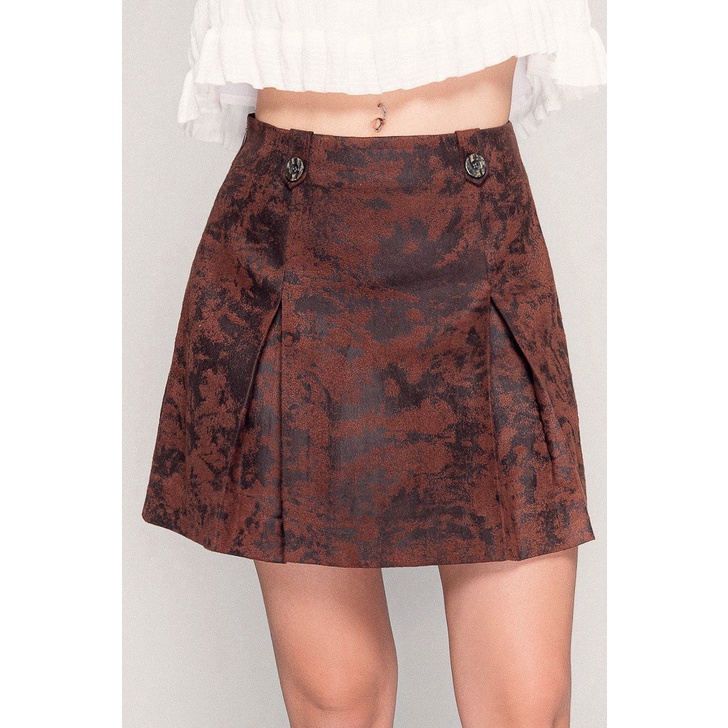 LIBÉ - Chân váy Faux Suede xếp ly màu nâu