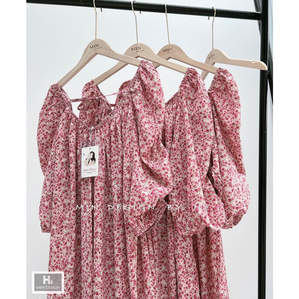 Váy hoa hồng dáng xuông cổ v nơ sau