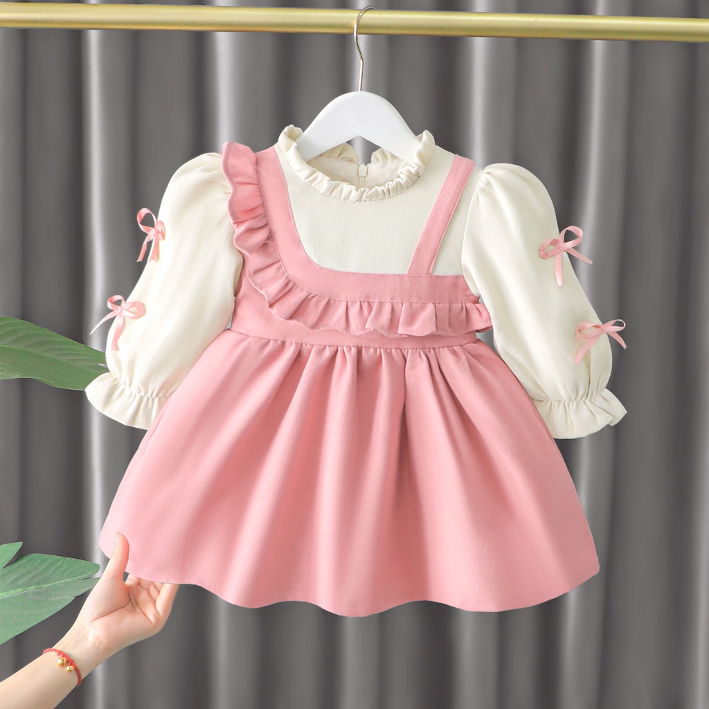 [Yumi's House] Đầm dài tay phối yếm cho bé gái hàng Quảng Châu cao cấp