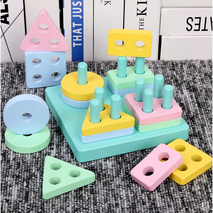 Xếp gỗ vào cột màu Macaron dành cho bé từ 2 tuổi đồ chơi giáo dục montessories