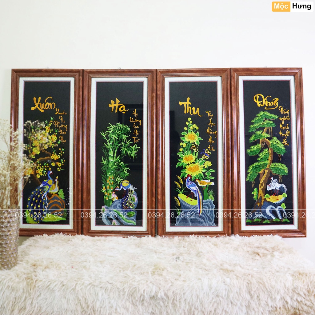 Tranh Thêu Tứ Quý - Xuân Hạ Thu Đông | Mẫu Nâu Hoàng Gia | Loại Cao Cấp
