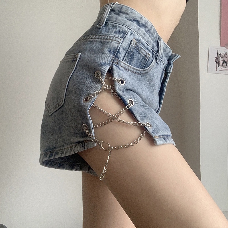 Quần Short Denim Dáng Chữ A Ống Rộng Lưng Cao Xẻ Tà Phối Dây Xích Thời Trang Dành Cho Nữ