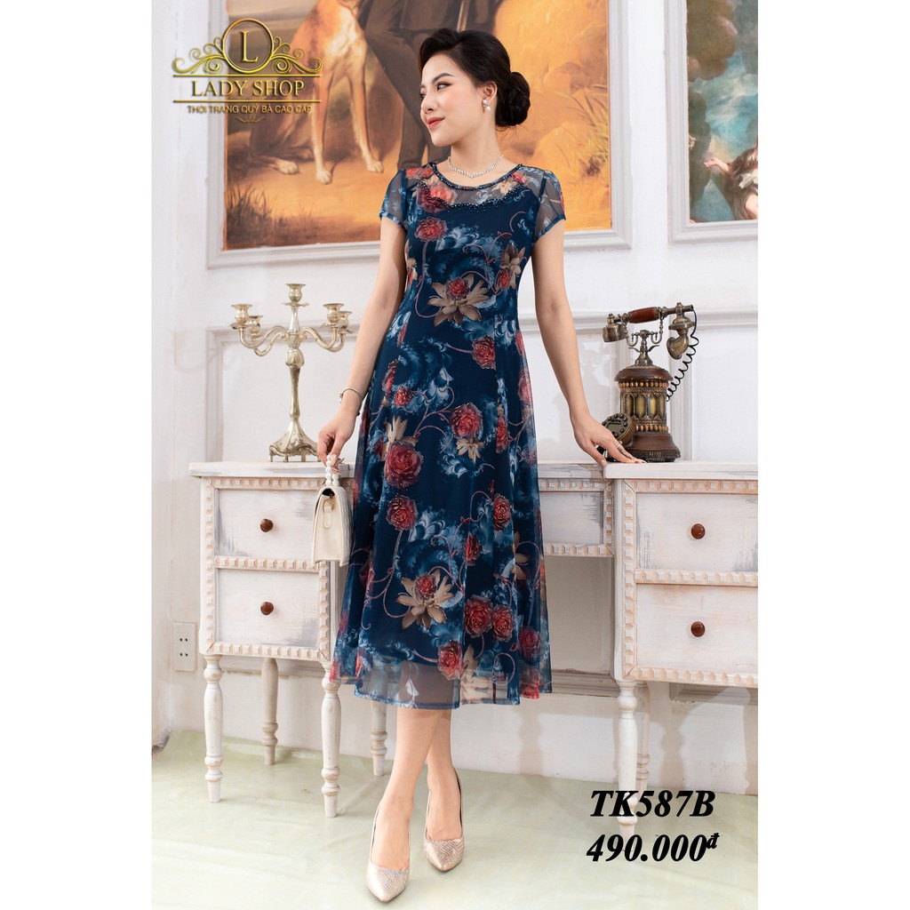 Váy Đầm thời trang trung niên cao cấp Ladyshop - đầm lưới hoa hồng cổ đá TK587