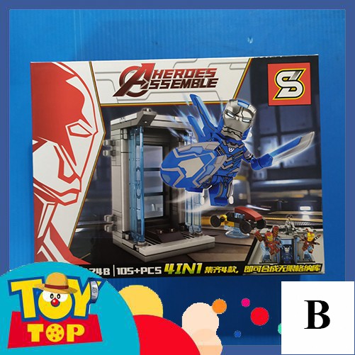 [Một hộp] Bộ lắp ráp non lego Marvel phòng IronMan lab, Iron man Pepper Rescue Mark 1 Mark 38 - SY 1424