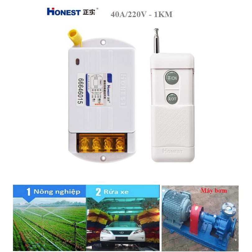 Bộ Công tắc điều khiển từ xa Honest 1KM bật tắt máy bơm động cơ công suất lớn HT-6220KG-1 40A/220V có chức năng học lệnh