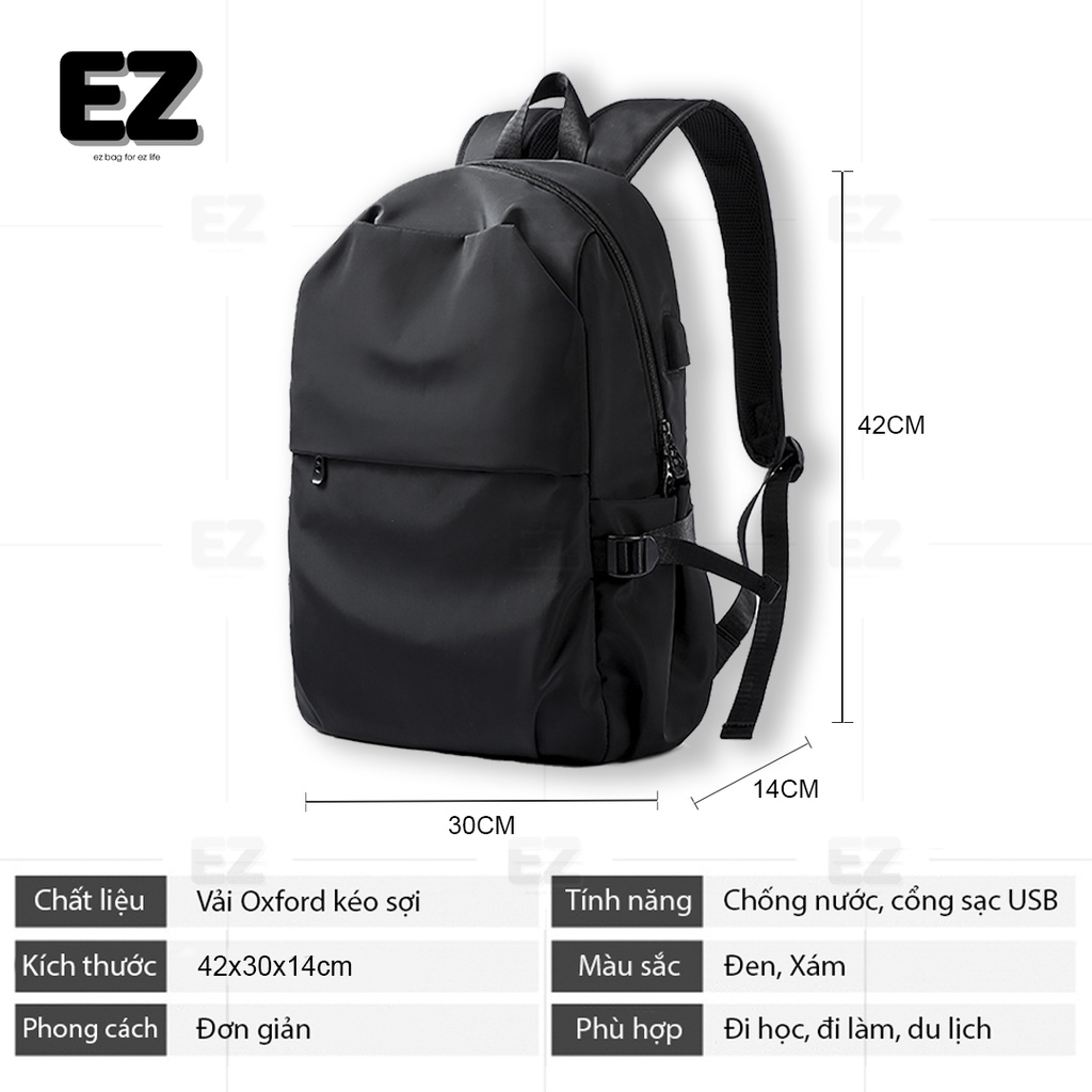 Balo đi học basic BLU09 có cổng sạc USB, Balo du lịch chống thấm nước đựng laptop 15.6 inch