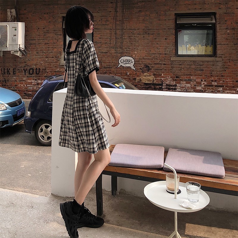 Xiaozhainv Đầm Tay Ngắn Dáng Chữ A Cổ Vuông Họa Tiết Caro Thanh Lịch Dành Cho Nữ | BigBuy360 - bigbuy360.vn