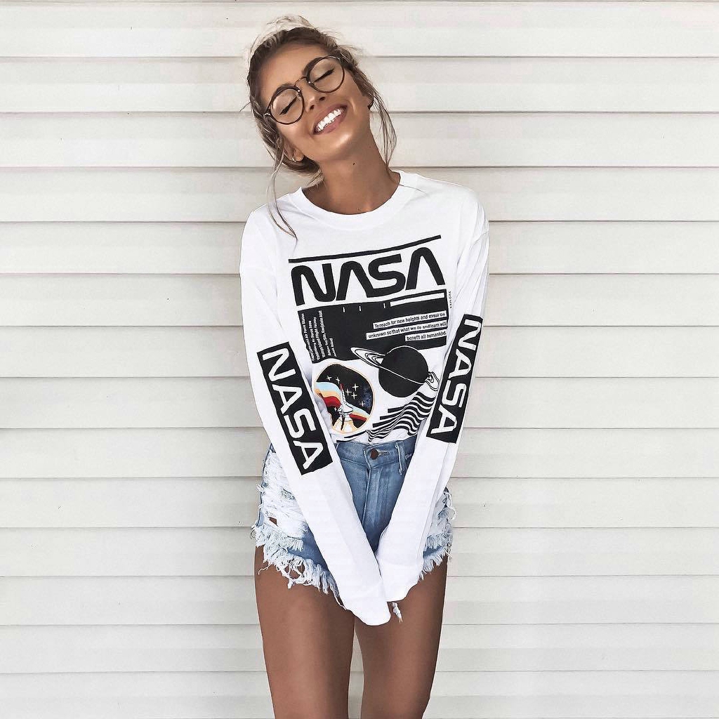 Ins Style Hot Women Slim Nasa Letter Print Tops Round Neck Long Sleeve Tshirt