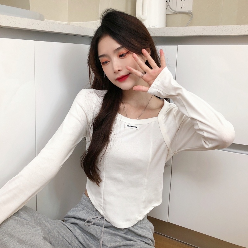 ZHELIHANGFEI Áo Thun Tay Dài Cổ Vuông Form Ôm Kiểu Dáng Ngọt Ngào Dễ Phối Đồ