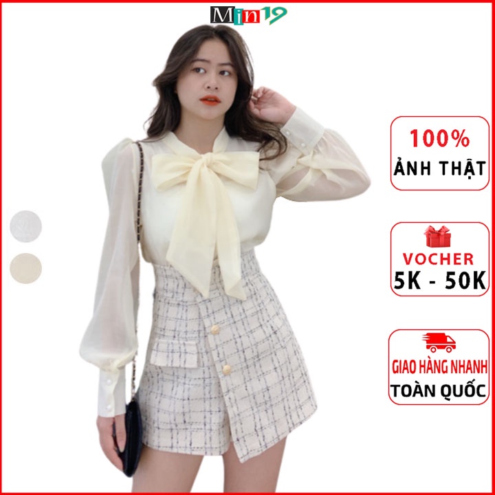 Áo sơ mi nữ kiểu Hàn Quốc bánh bèo tiểu thư đẹp form rộng bigsize cổ nơ tay phồng màu trắng be thời trang