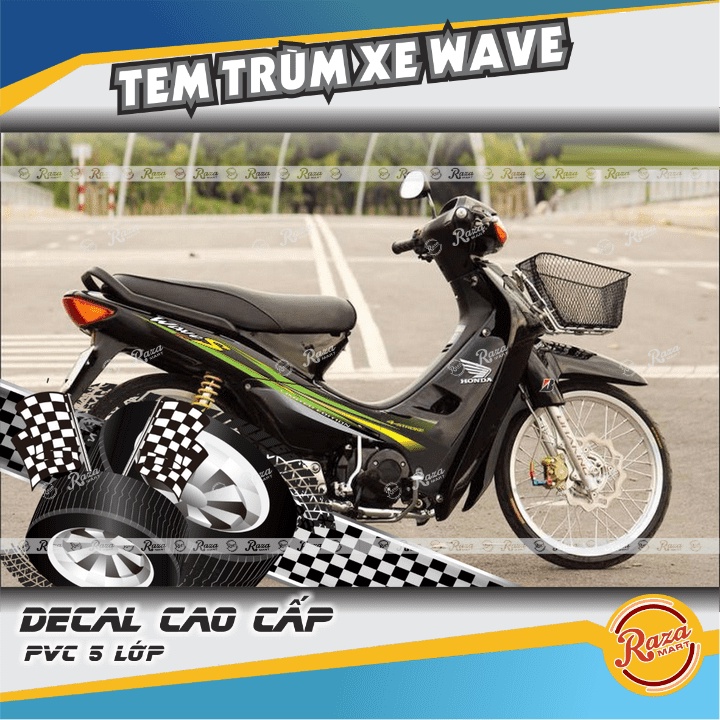 Tem Trùm xe Wave nhỏ, Wave ZX, Wave đời đầu xe màu đen | Decal PVC 5 lớp cao cấp | Mã tem: WAV 95